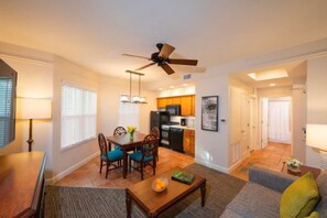 Smart TV, fireplace, video games, DVD player