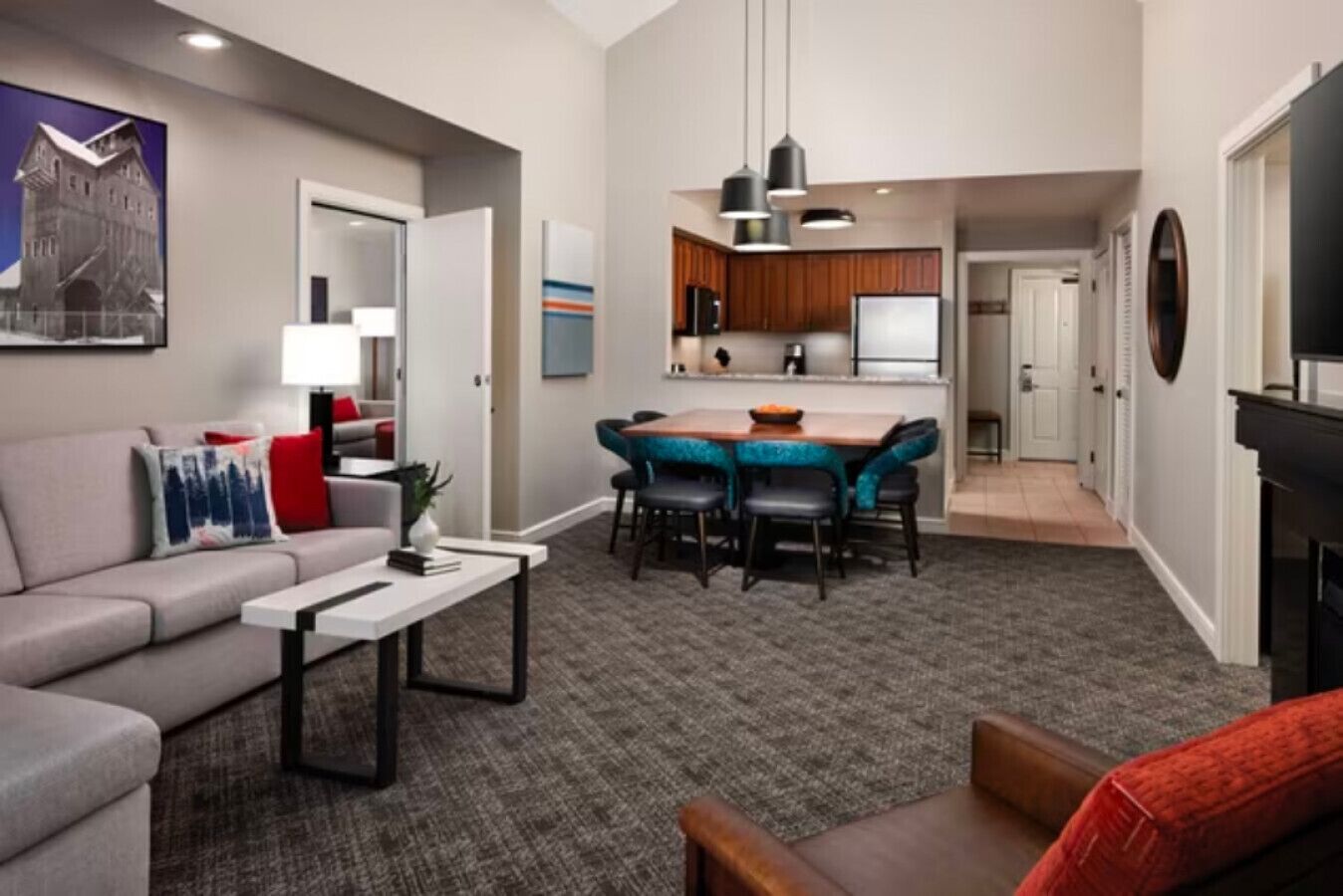 Smart TV, fireplace, video games, DVD player