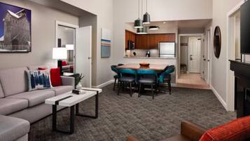 Smart TV, fireplace, video games, DVD player