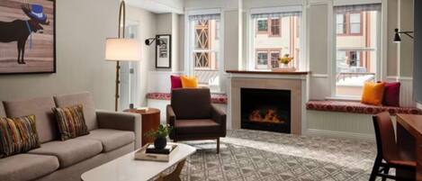 TV connectée, cheminée, jeux vidéo, lecteur de DVD