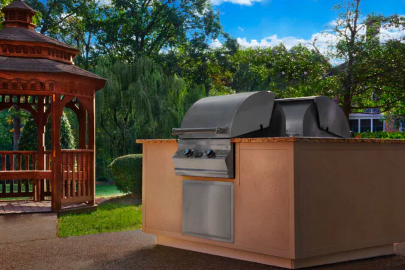 An outdoor barbecue grill with a chimney, a wooden gazebo, and a well-maintained garden in the background.
