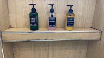 Shower, eco-friendly toiletries, hair dryer, bidet