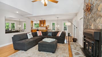 Smart TV, fireplace, books, music library