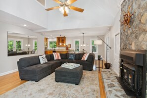 Smart TV, lareira, livros, biblioteca musical