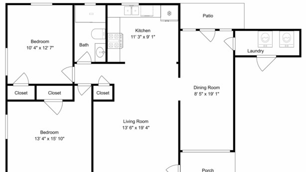 A floor plan with a bedroom, bathroom, kitchen, dining room, living room, patio, and laundry area. - Bonita Beach House by Ryson Vacation Rentals (Galveston)