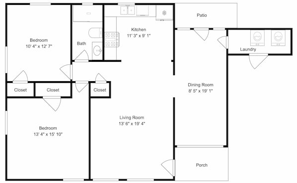 Planta baixa mostrando um quarto, banheiro, cozinha, sala de jantar, sala de estar, armário, pátio e varanda.