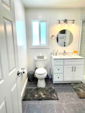 A bathroom with a toilet, sink, and mirror. There is a window above the toilet and a door on the left. - 5 min to DWTN, BART & Park| Private Deck w/ View (Concord)