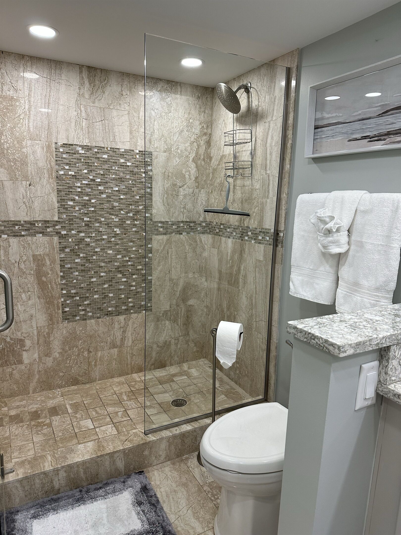 A modern bathroom with a glass-enclosed shower, a toilet, and a marble-tiled shower area.