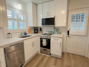 A modern kitchen with white cabinetry, stainless steel appliances, and a window with blinds.