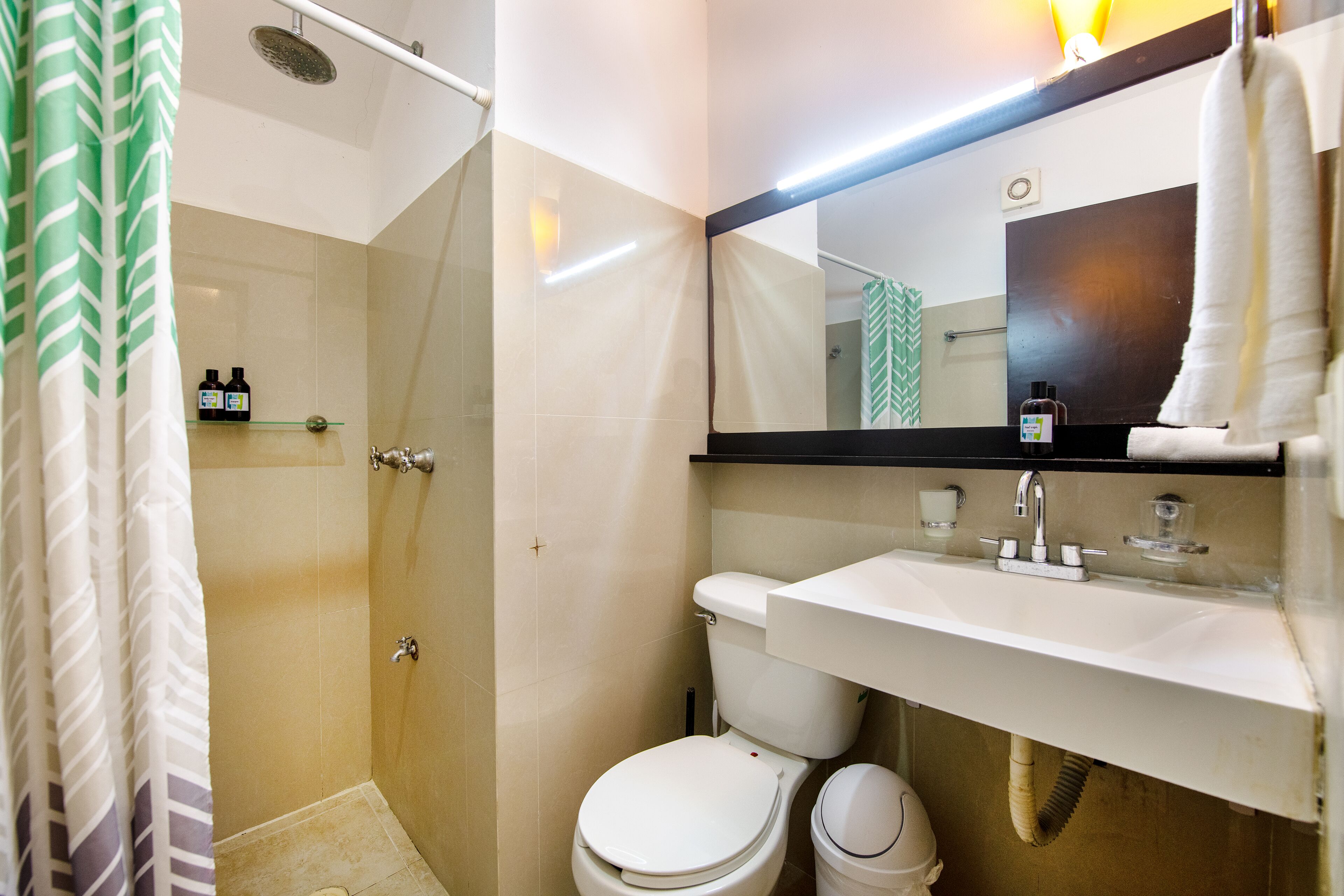 Une salle de bain équipée d’une douche, de toilettes, d’un lavabo et d’un miroir.