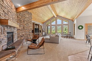 Tv, eldstad och böcker