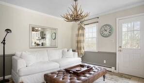 Smart TV, fireplace, books