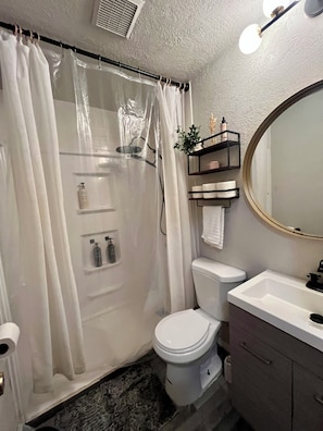 Douche, séchoir à cheveux, serviettes fournies, savon