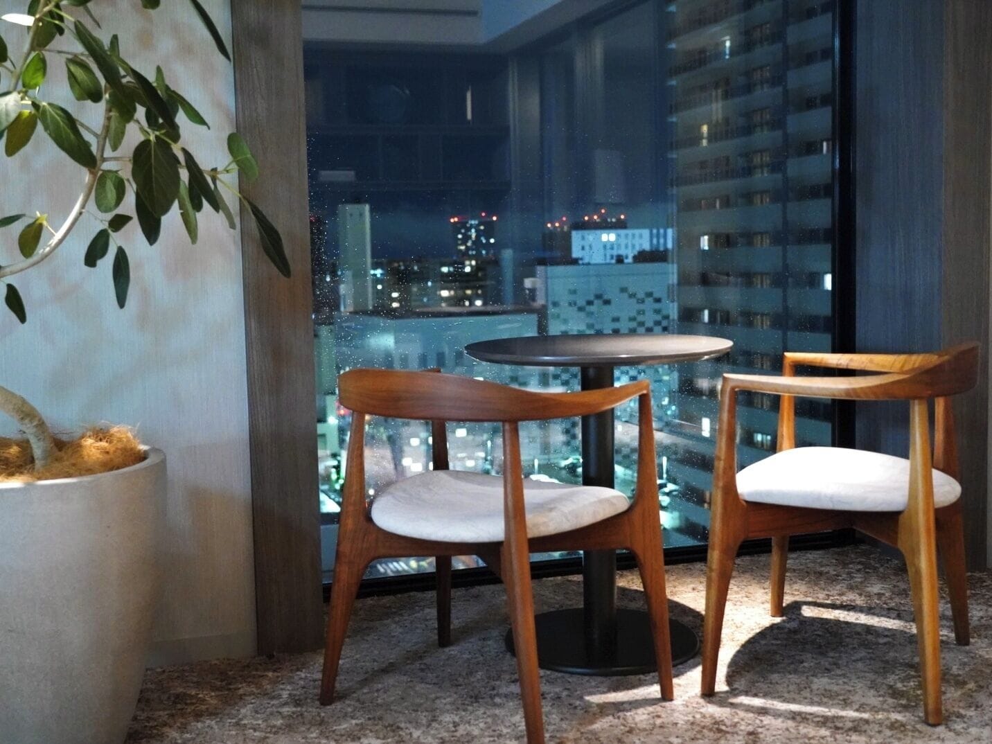 A modern interior with two wooden chairs and a small round table, a potted plant, and a city view through a glass window.