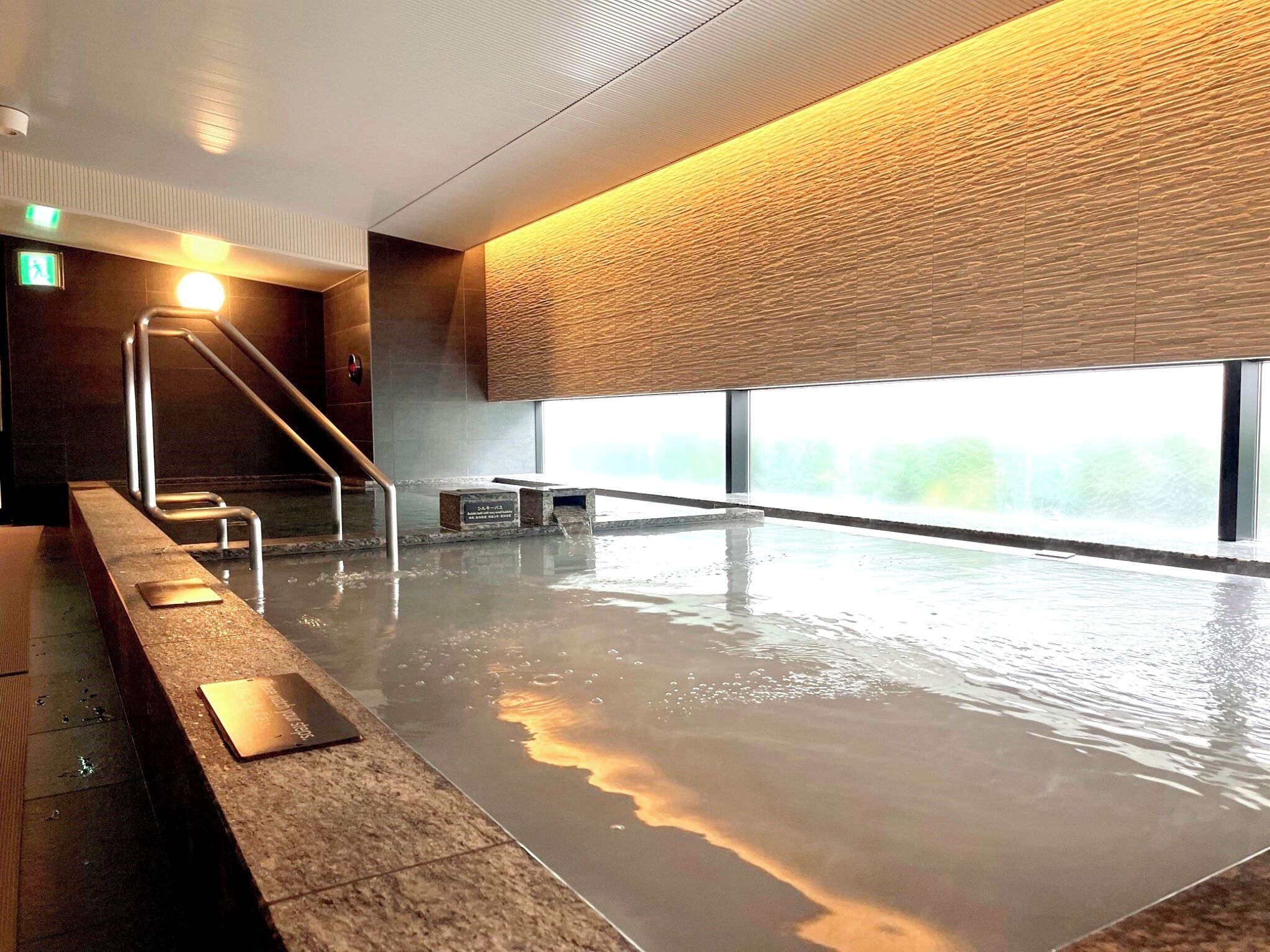 A modern indoor swimming pool with a clear view of the outside, a metal ladder, and a bench.