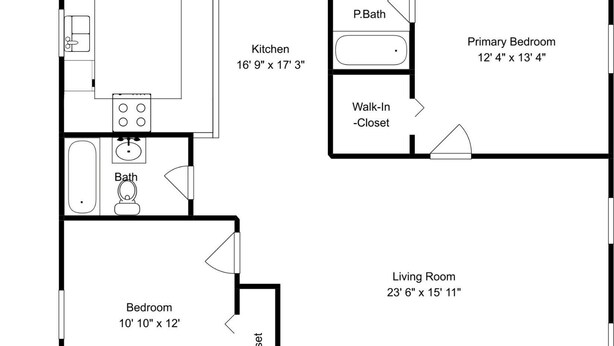 A floor plan of a hotel room with a balcony, including a bedroom, bathroom, kitchen, living room, and a walk-in closet. - Seagull Sands by Ryson Vacation Rentals (Galveston)