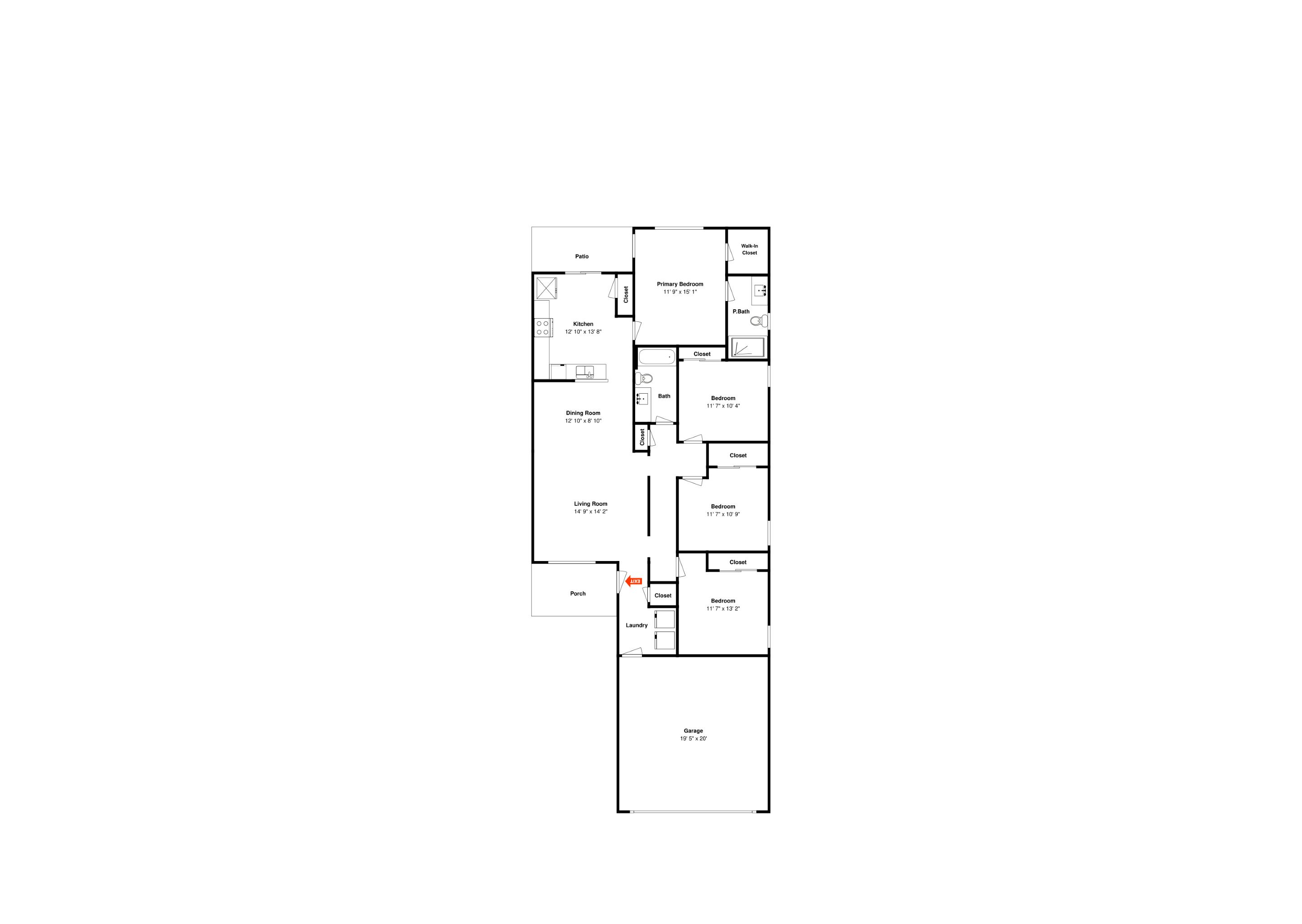 Un plan d’étage d’une maison comprenant une terrasse, une chambre principale, une cuisine, une salle à manger, un salon, deux chambres, une salle de bain, une buanderie, un porche et un garage.
