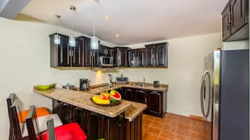 Basic Apartment | Private kitchen | Full-sized fridge, microwave, stovetop, electric kettle