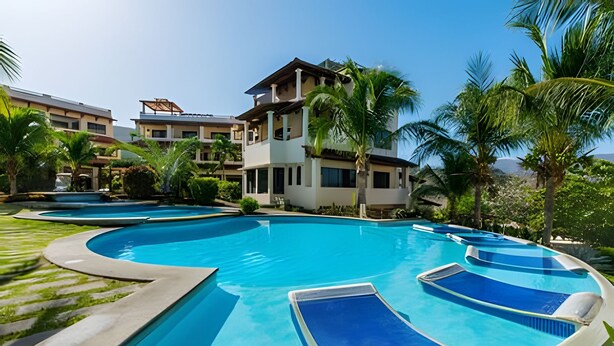 Un resort con varias piscinas, palmeras y edificios modernos.