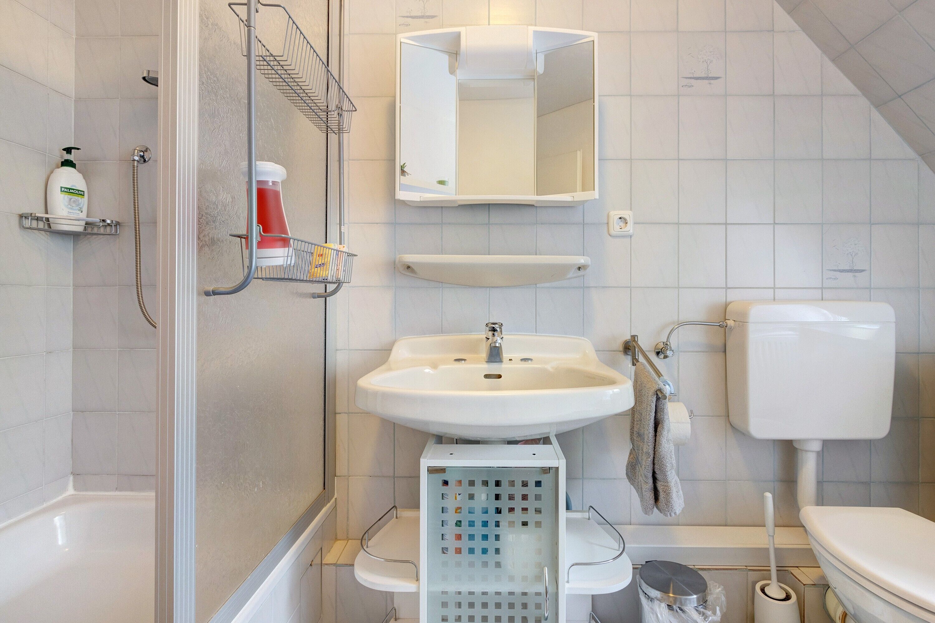 A bathroom with a shower, sink, toilet, and a mirror above the sink.
