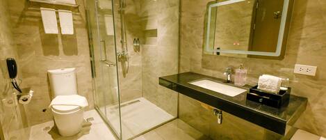 A modern bathroom with a glass-enclosed shower, a white toilet, a black sink, and a mirror above the sink.