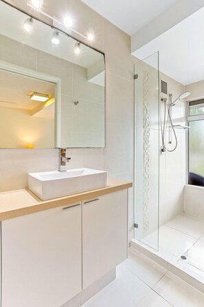 Shower, hair dryer, towels