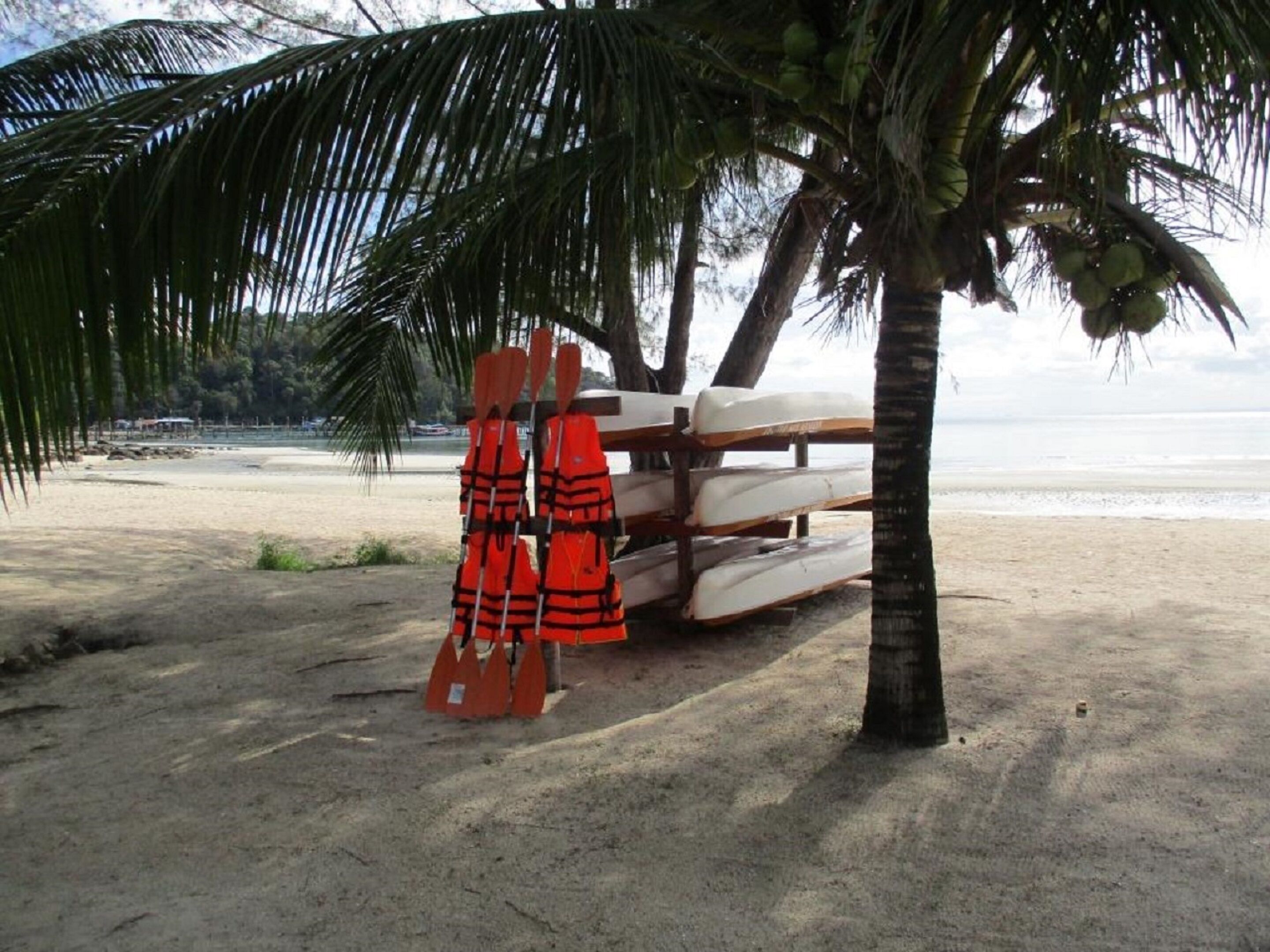 A beach with a stack of white boats and orange life jackets under a palm tree.