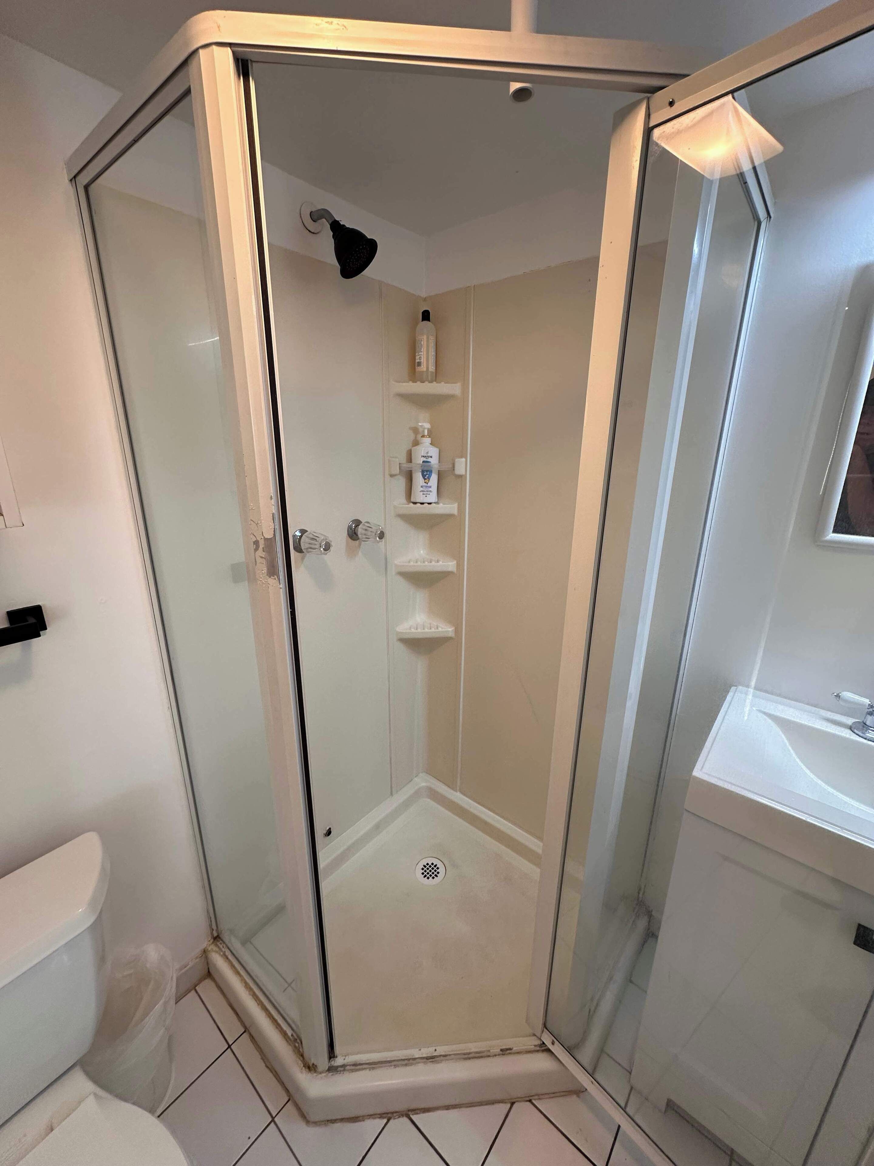 Une douche d’angle avec une porte en verre, un lavabo blanc et des toilettes.