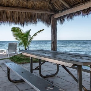 A beachside picnic table with a thatched roof, a palm tree, and a view of the ocean. - Entire Compound on Gated Bayfront Property (Islamorada)