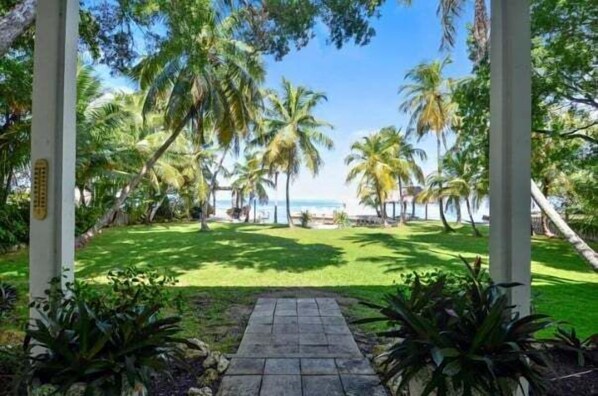 A pathway leading to a beach with palm trees and a clear view of the ocean. - Entire Compound on Gated Bayfront Property (Islamorada)