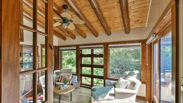 TV, fireplace, books, offices