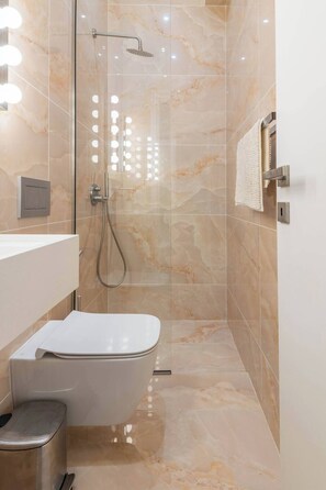 Regadera, secadora de cabello, toallas, jabón 