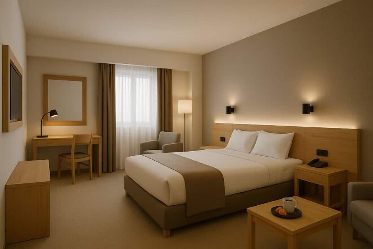 Frigobar, escrivaninha, espaço de trabalho para notebook