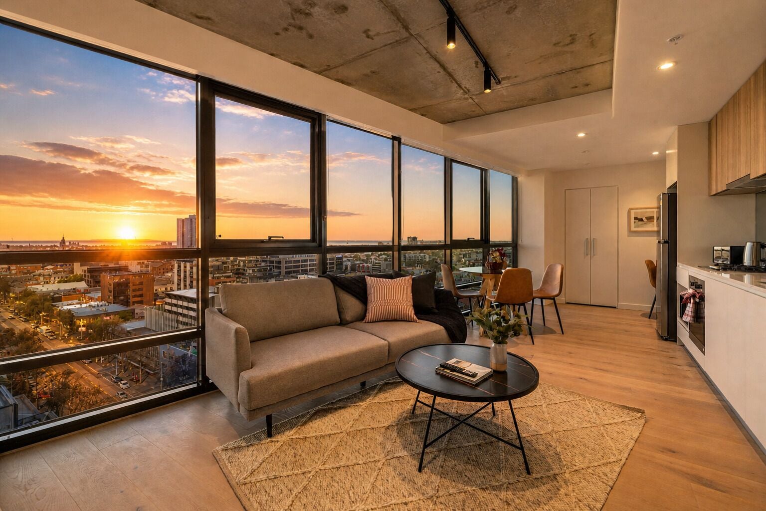 A modern living room with a large window, a sofa, a coffee table, and a kitchen area.