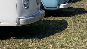 En række ældre Volkswagen-varevogne parkeret på græs.