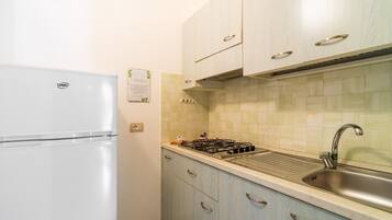 Fridge, stovetop, high chair, cookware/dishes/utensils