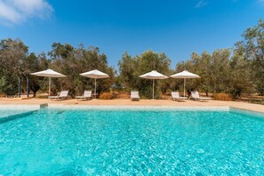 Une piscine d’un bleu éclatant, bordée de chaises longues et d’ombrelles, le tout entouré d’arbres.