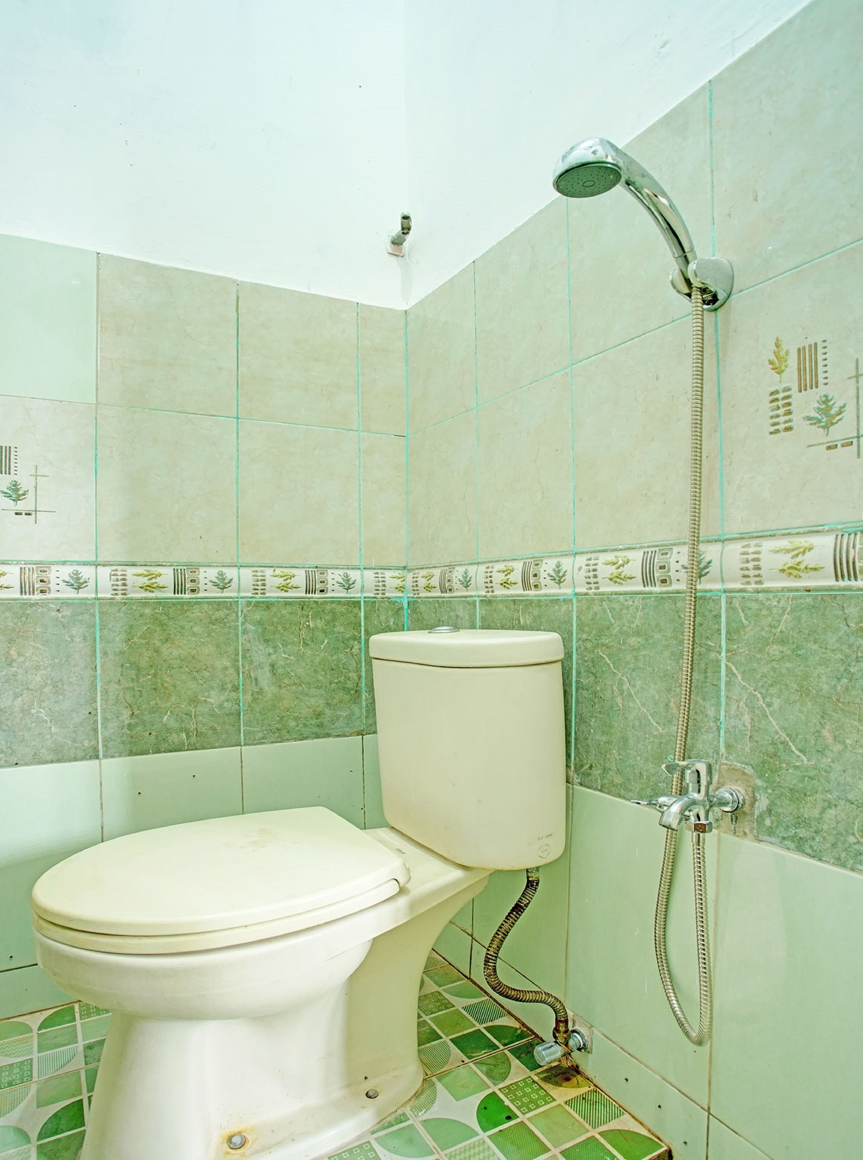 A bathroom with a toilet, shower, and green patterned tiles.