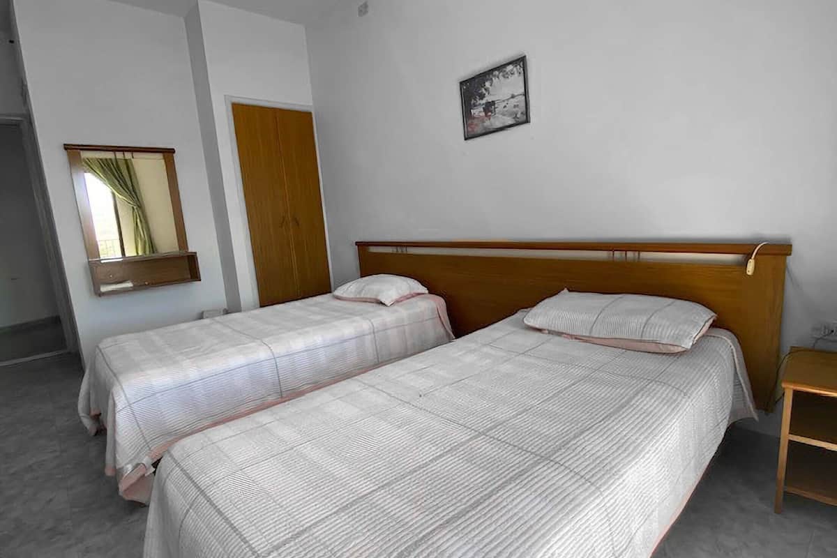 A room with two single beds, a wooden headboard, a small bedside table, a mirror, and a framed picture on the wall.