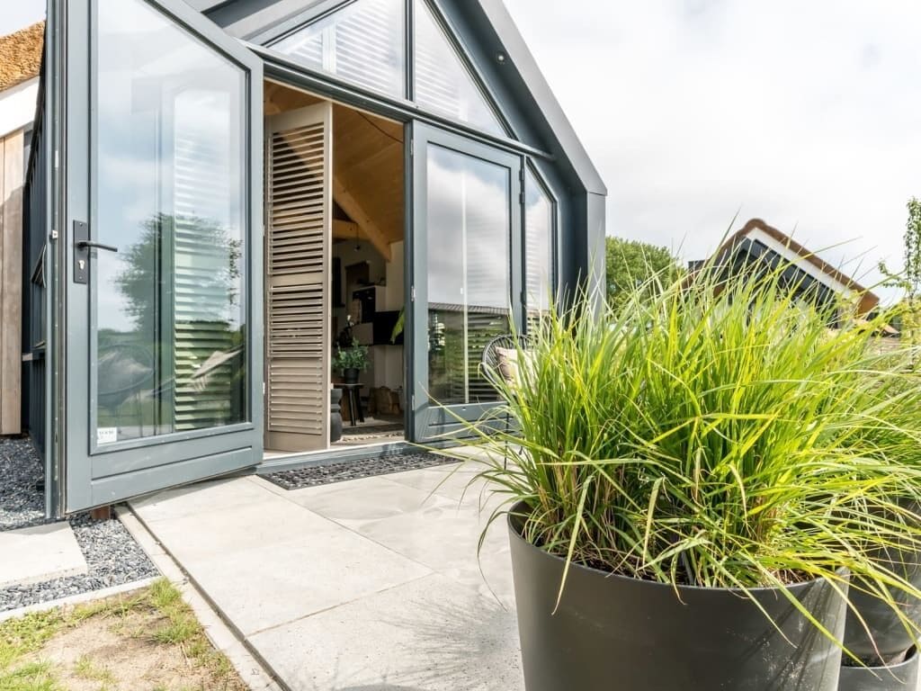 A modern house with a glass door entrance, a concrete patio, and a large potted plant in the foreground.