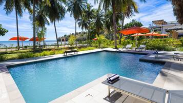 Outdoor pool, pool umbrellas, pool loungers