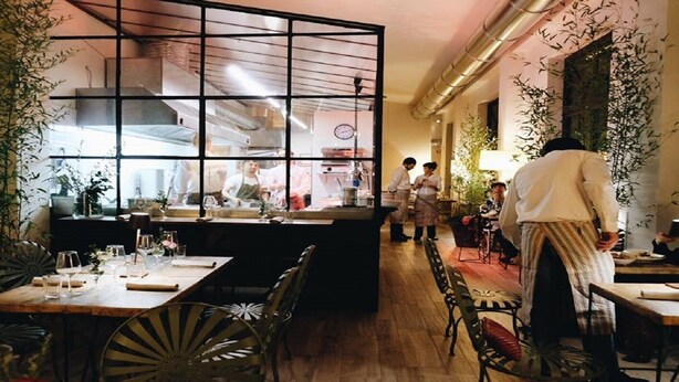 A restaurant interior with wooden tables and chairs, a kitchen area visible through a glass partition, and indoor plants. - The style of Italian luxury close to the Duomo
 (Firenze)