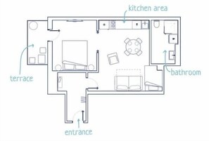A floor plan with a kitchen area, bathroom, terrace, and entrance. - TurnKey | Charles Square Apartment – with Balcony (Praha 2)