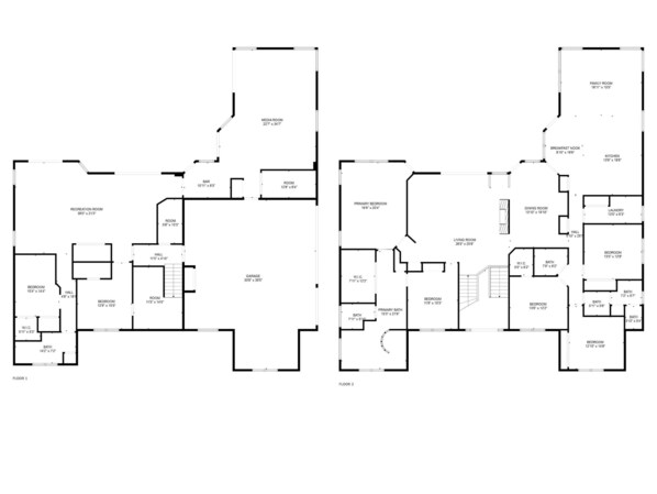 A floor plan of a two-story house with a media room, kitchen, dining room, living room, bedrooms, bathrooms, a garage, and a recreation room. - Luxury 6BR Retreat with Beach Access (Sarasota)