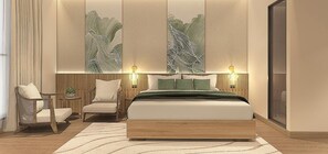A modern bedroom with a bed, two chairs, a nightstand, and wall art. - Seabird Hotel Thien Cam (Cam Xuyen)