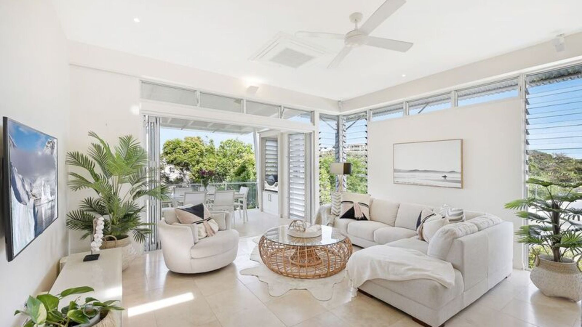 TV, fireplace, books, stereo