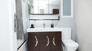 A bathroom with a shower, a toilet, a sink with a mirror above it, and wooden cabinets. - Glamorous Apt in central Athens (Athens)