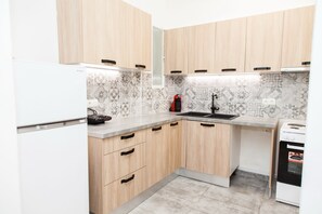 Apartment | Private kitchen | Full-sized fridge, microwave, oven, electric kettle - Glamorous Apt in central Athens (Athens)