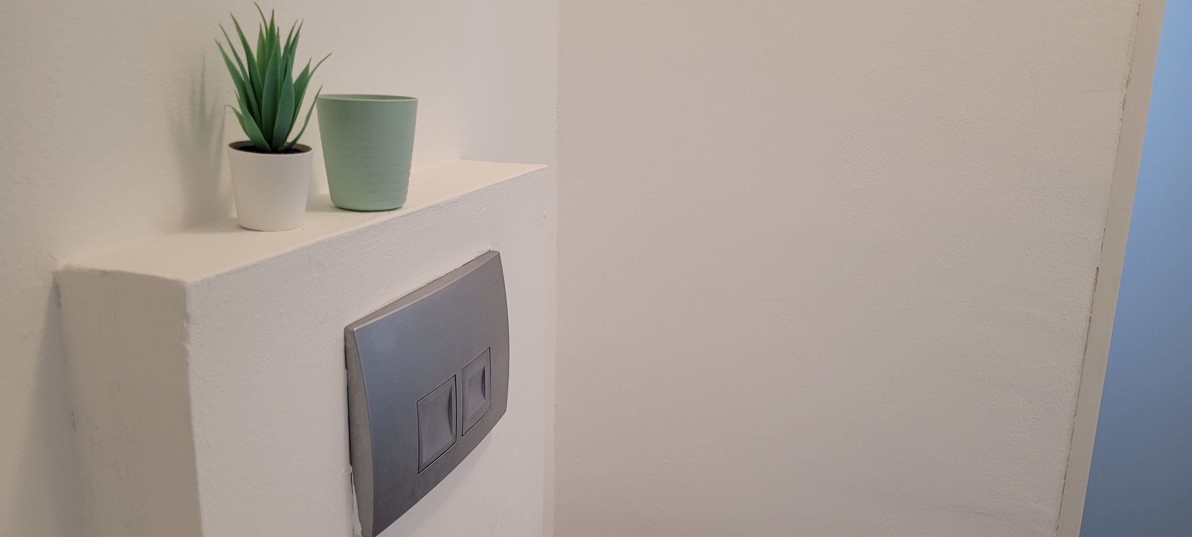 A white wall with a light switch and two potted plants on a shelf.