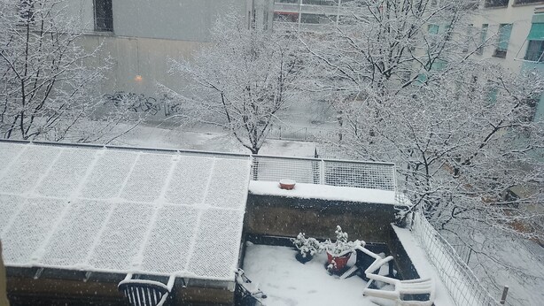A snowy courtyard with a metal fence, a small garden area with potted plants, and a building in the background. - Charming flat center and near the lake  (Genève)